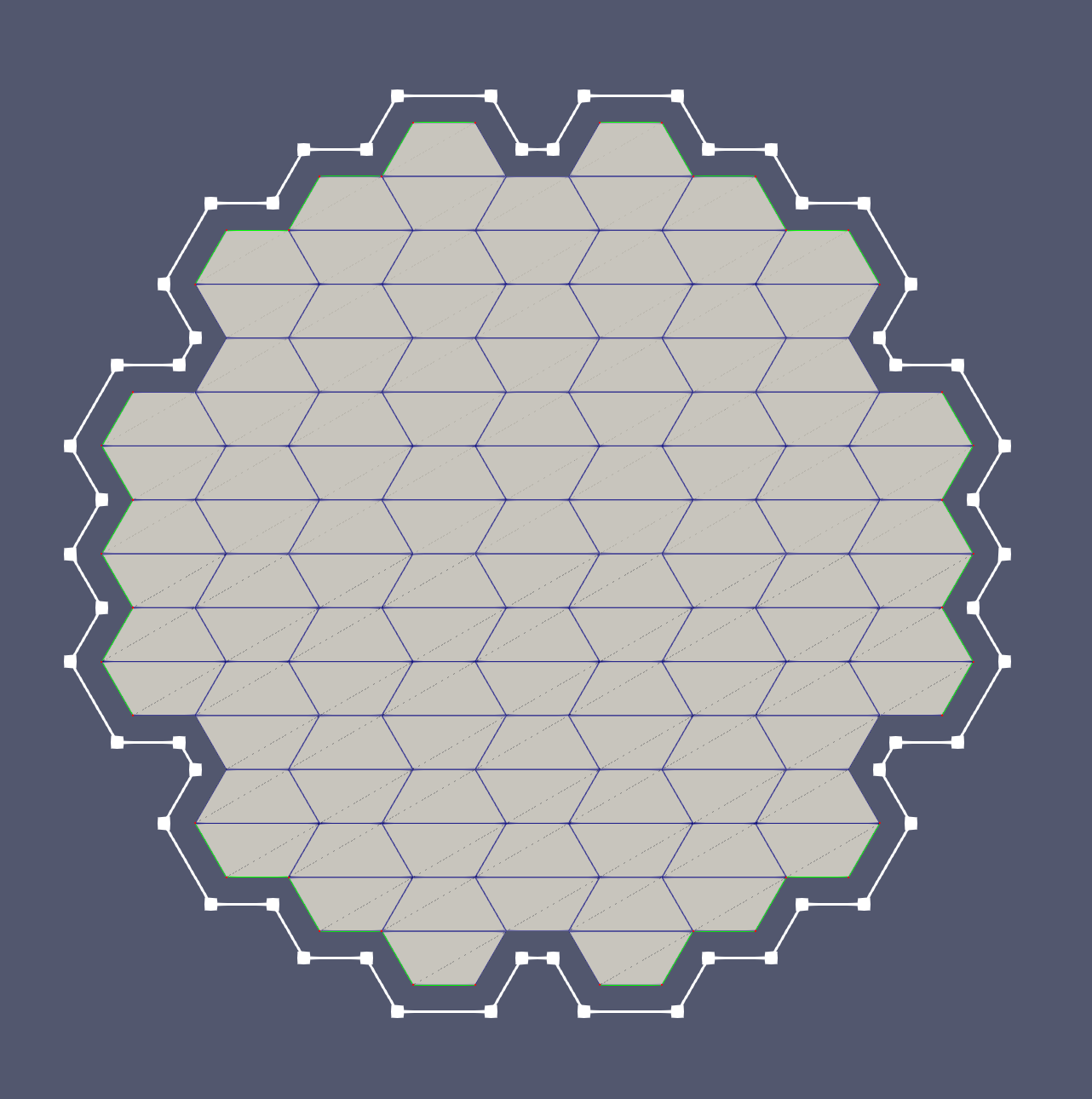 A simple non-refined polyline mesh that is generated around set of patterned hexagons, distanced with a gap in the outward direction.